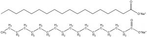 The chemical structure of sodium stearate, a cleaning agent often found in soap. The chemical has a single long hydrophobic “tail” composed of carbon and hydrogen, and a hydrophilic “head” containing oxygen and sodium. In this molecule, the single tail is not as wide as the hydrophilic head.