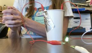 Person holding a wire. Cup with aluminum tape and wires connected to it. Green LED is lighting up.