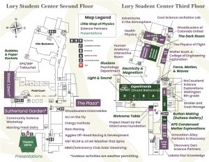 2026-open-house-guide-inside Inside of guide featuring a map of all of the locations for Open House including the Lory Student Center 2nd and 3rd floors, and areas immediately east and west of the building