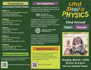 2026-open-house-guide-outside Outside of guide including many details from the website such as presentation schedule, link to donate, and acknowledgment of our sponsor; tri-fold brochure with a picture of a girl making a big bubble