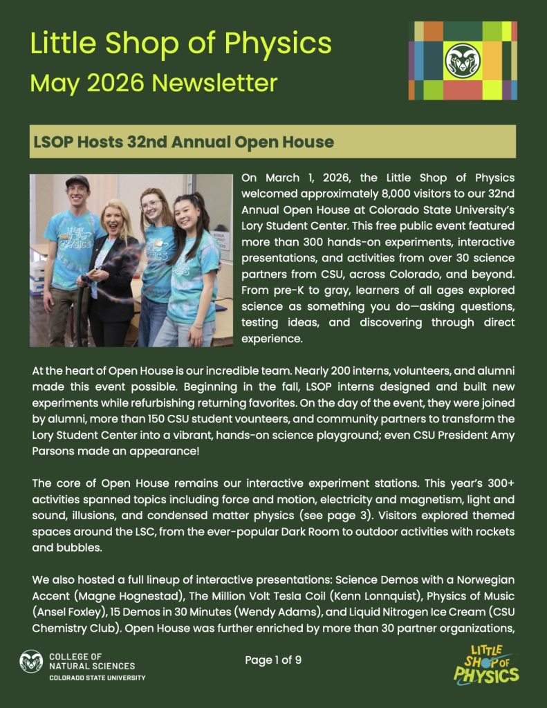 Picture of newsletter cover featuring President Parsons at Open House